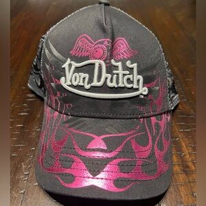 Von Dutch Trucker Snap Back Grey & Pink Flames Logo Hat